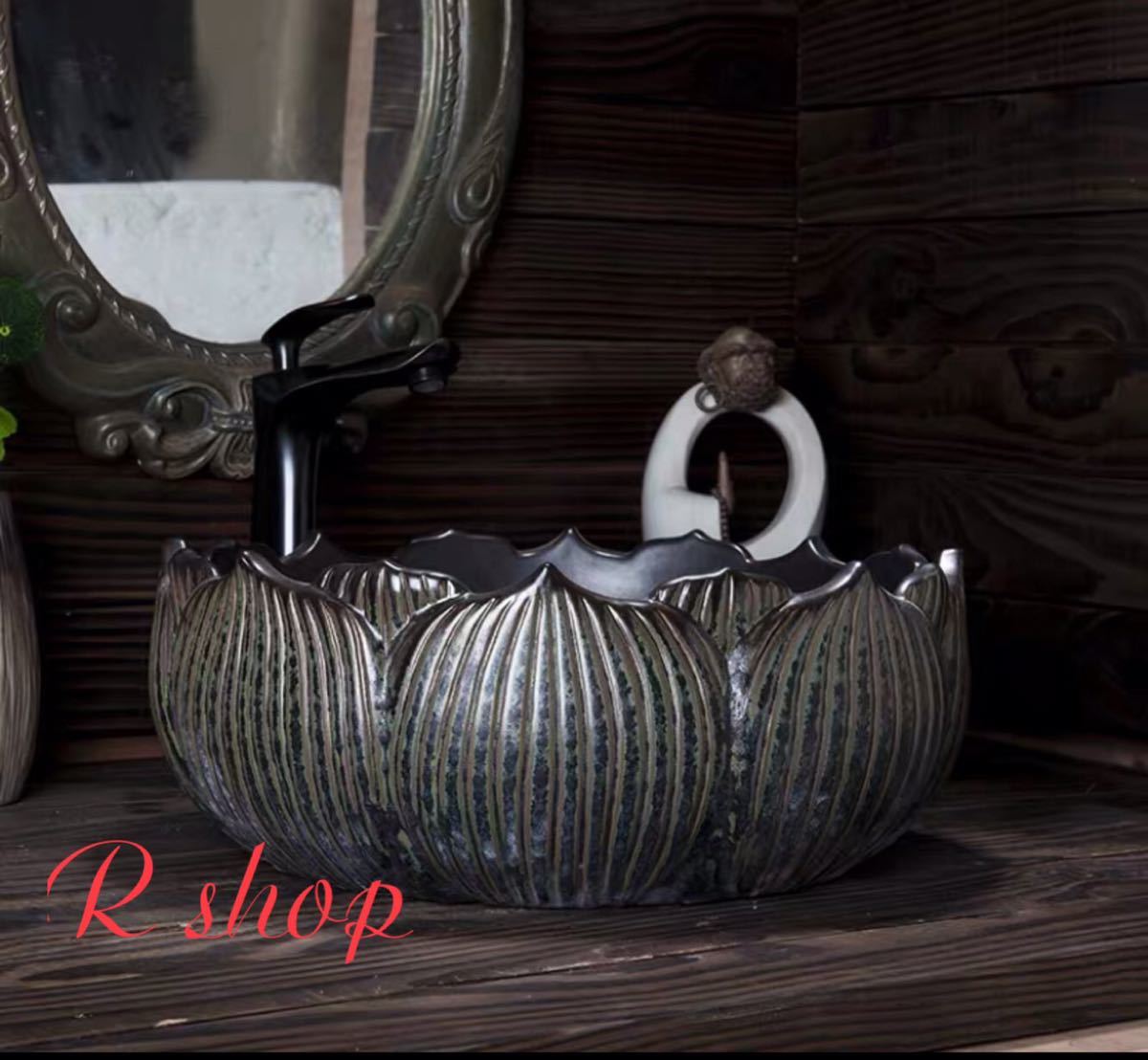 ハス洗面ボウルセット 洗面ボール 陶器 ．手水鉢 手洗器 手洗い鉢 洗面器 蛇口 排水金具付