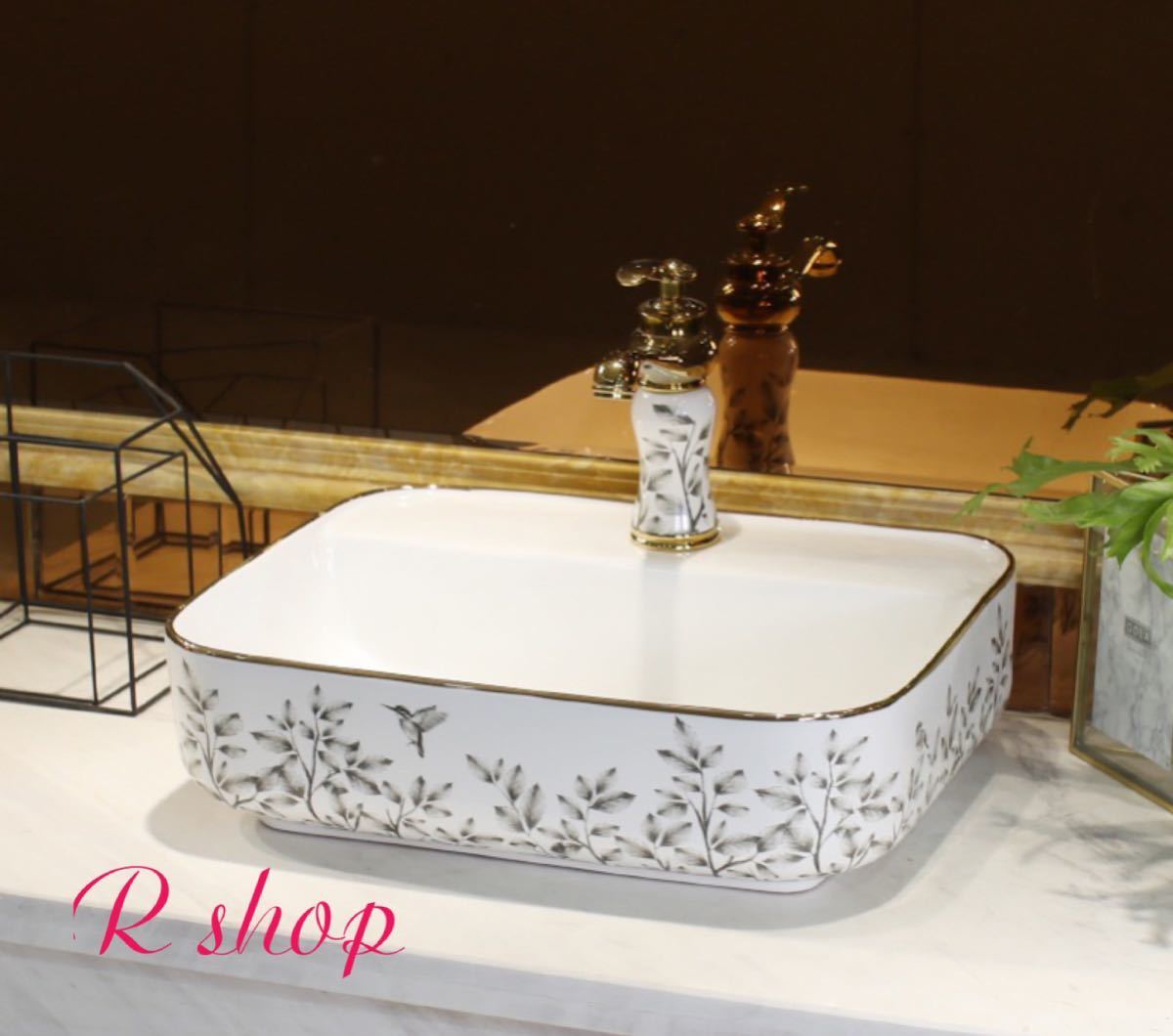 高級洗面台 洗面ボウルセット． 洗面ボール 陶器 手水鉢 ．手洗器 手洗い鉢 洗面器 蛇口 排水金具付き