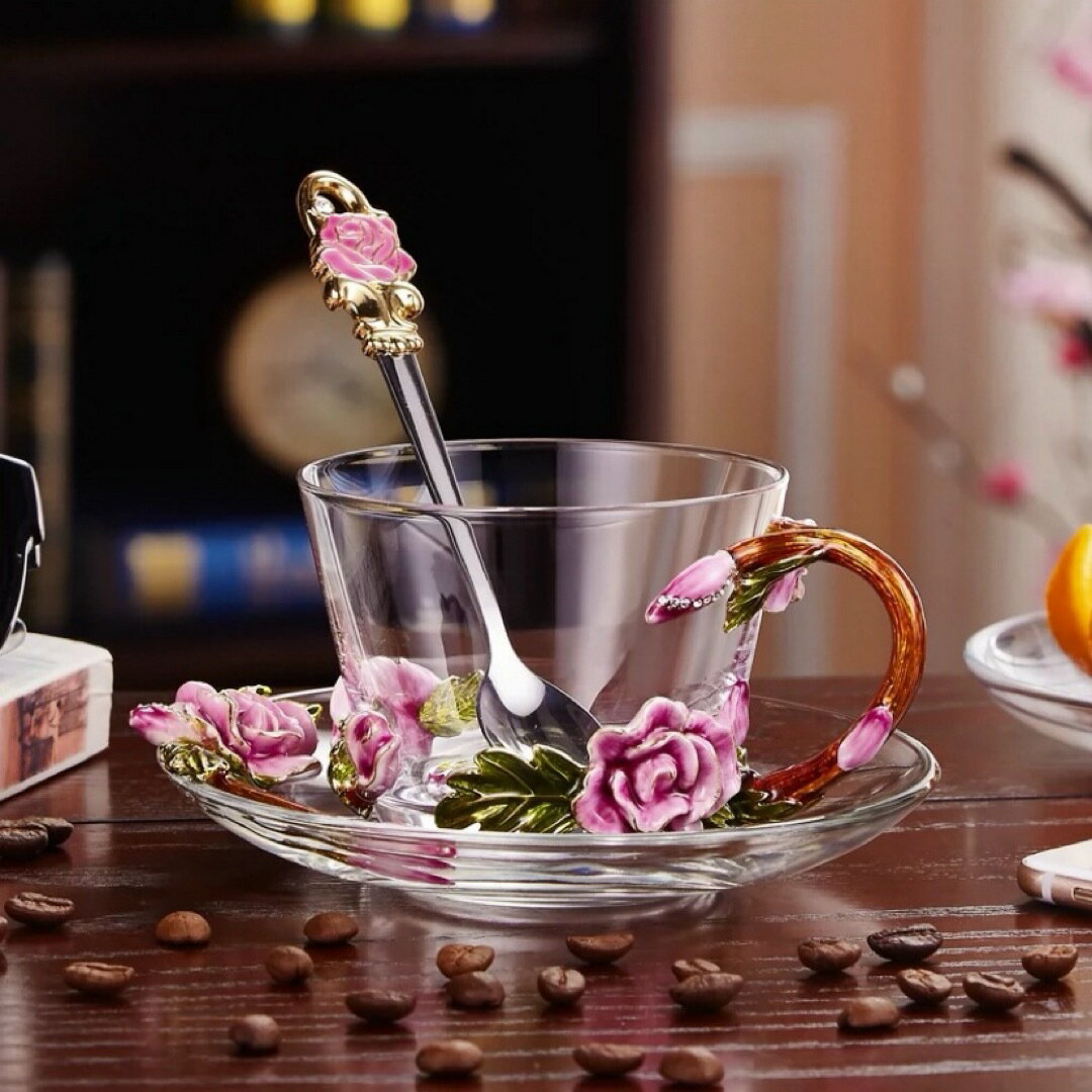 ガラス製ティーコーヒーカップ カップ＆ソーサー1客 花柄 琺瑯質彩カップ