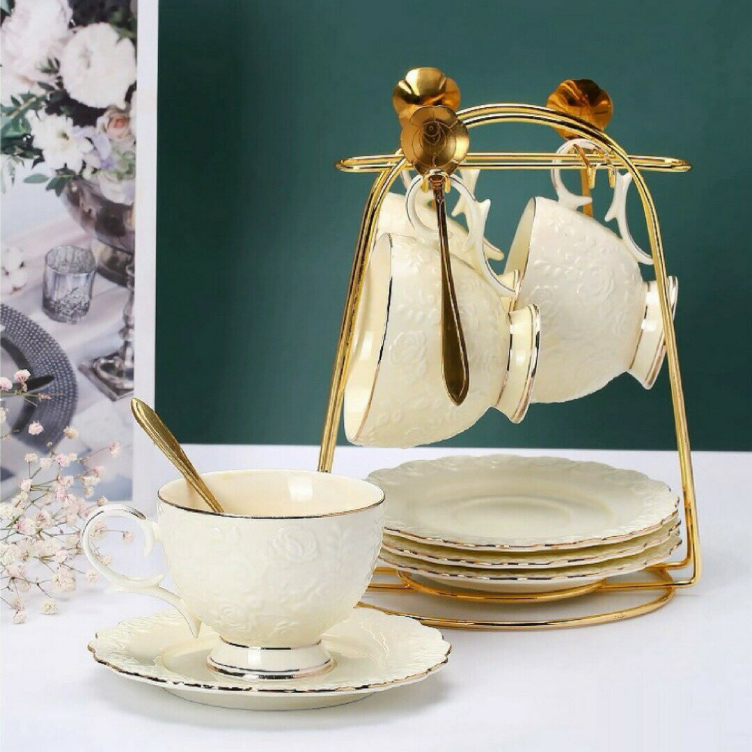 高級感ティー・コーヒーカップセット カップ＆ソーサー4客 陶磁器ティーセット