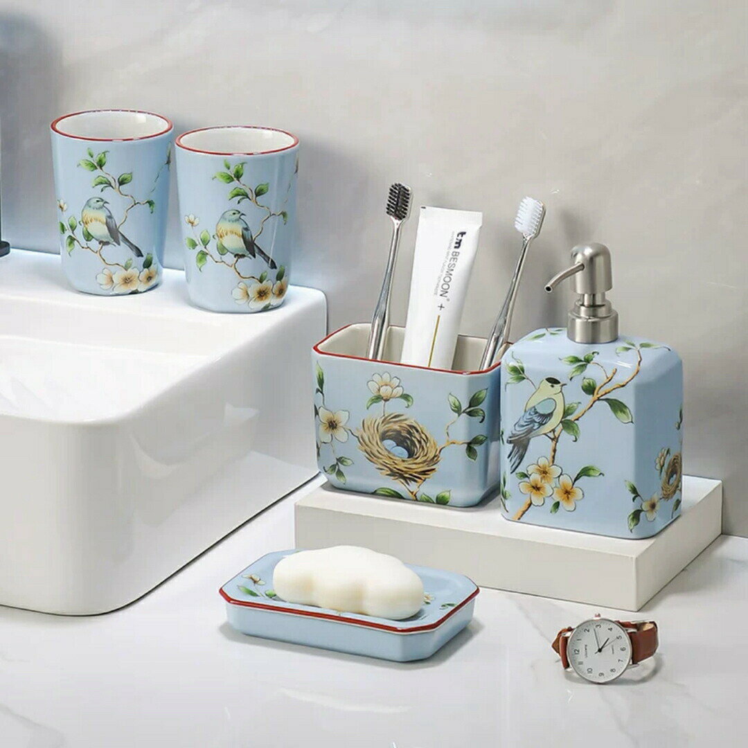 洗面用品 サニタリー5点セットディスペンサー 歯ブラシスタンド 洗面所 花柄