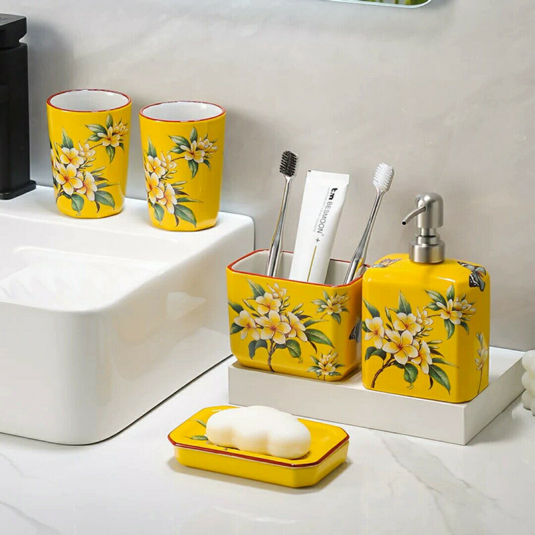 洗面用品 サニタリー5点セットディスペンサー 歯ブラシスタンド 洗面所 花柄