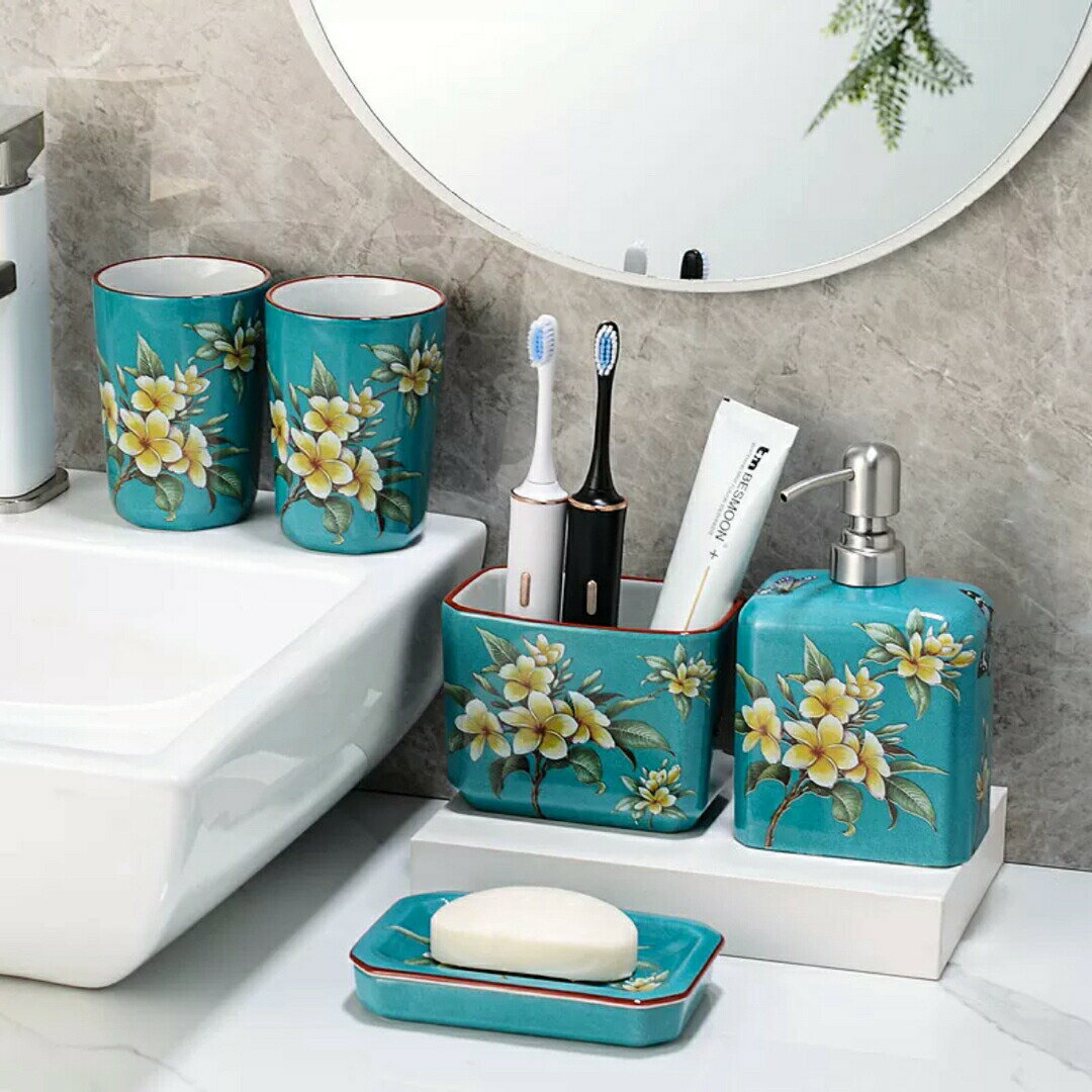 洗面用品 サニタリー5点セットディスペンサー 歯ブラシスタンド 洗面所 花柄