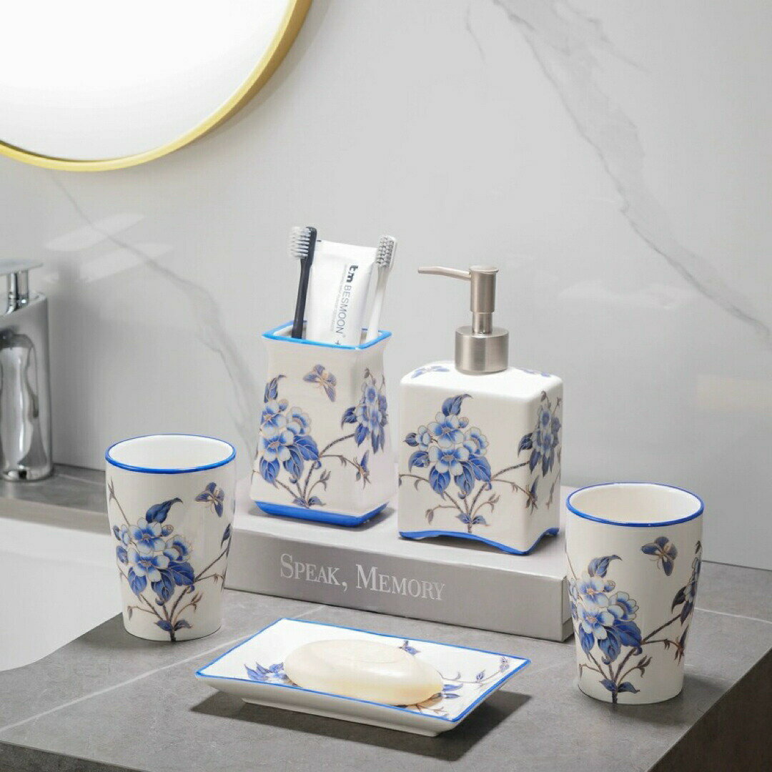 洗面用品 サニタリー5点セットディスペンサー 歯ブラシスタンド 洗面所 花柄
