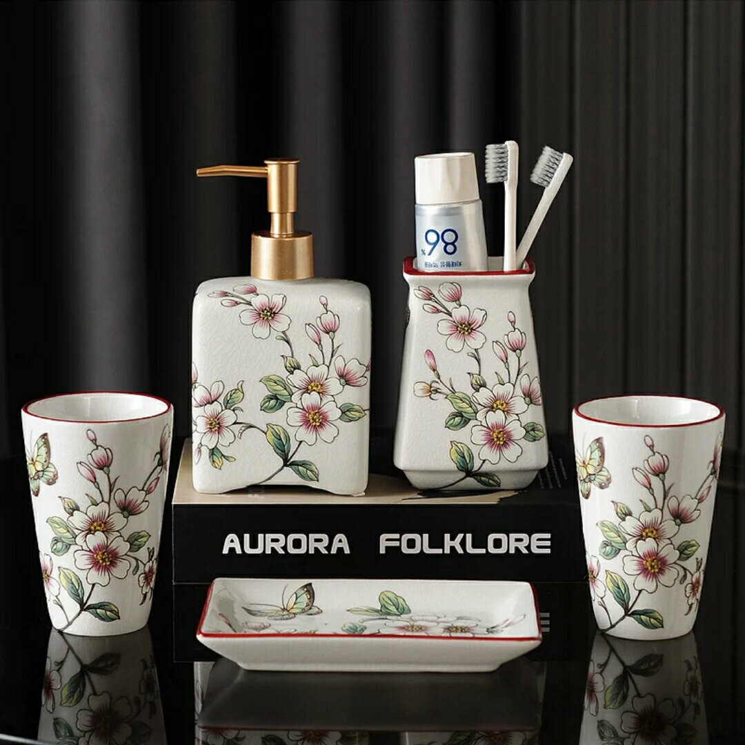 洗面用品 サニタリー5点セットディスペンサー 歯ブラシスタンド 洗面所 花柄