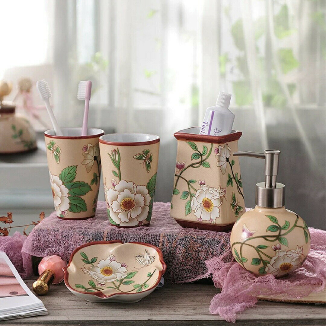 洗面用品 サニタリー5点セットディスペンサー 歯ブラシスタンド 洗面所 花柄