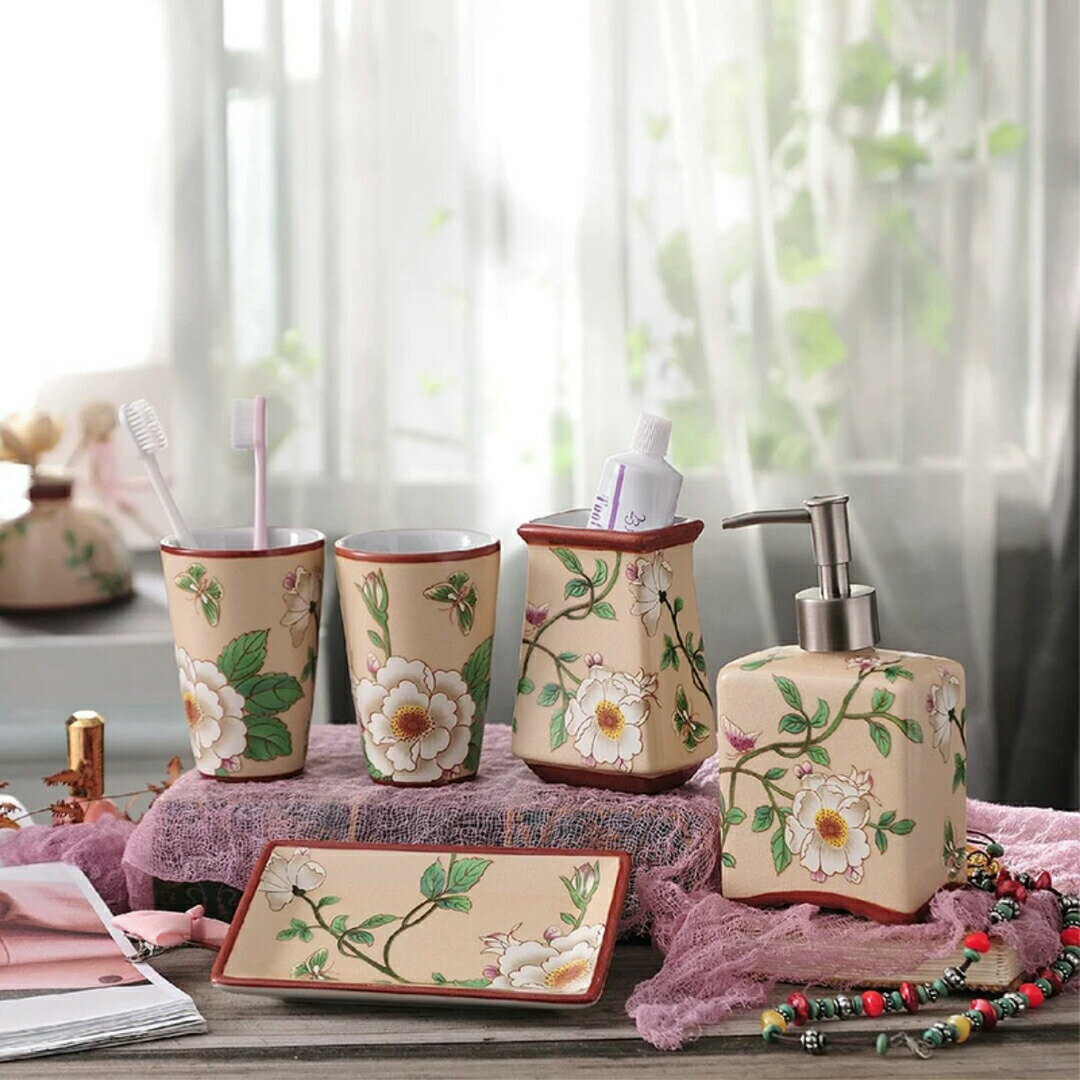 洗面用品 サニタリー5点セットディスペンサー 歯ブラシスタンド 洗面所 花柄