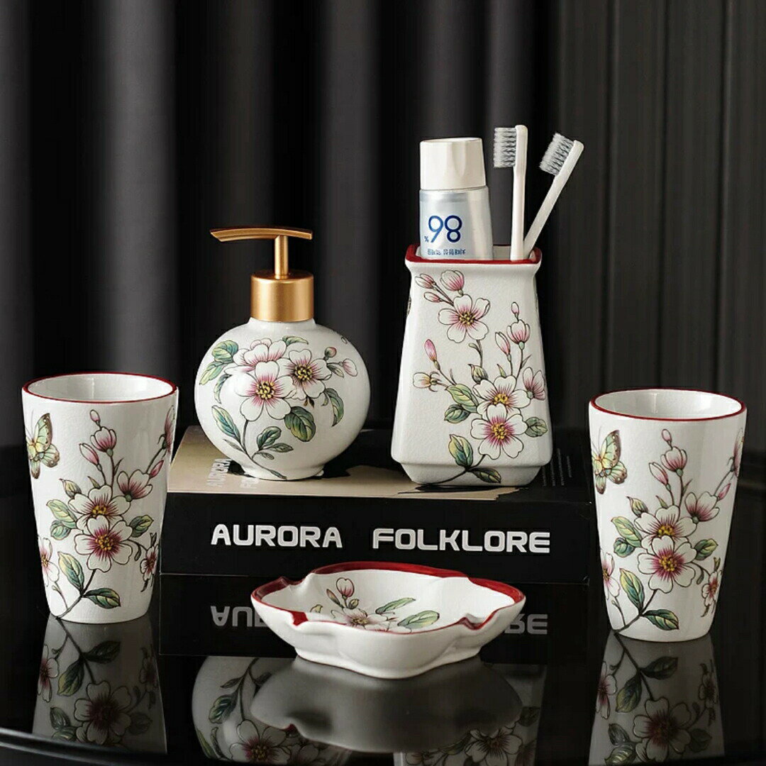洗面用品 サニタリー5点セットディスペンサー 歯ブラシスタンド 洗面所 花柄