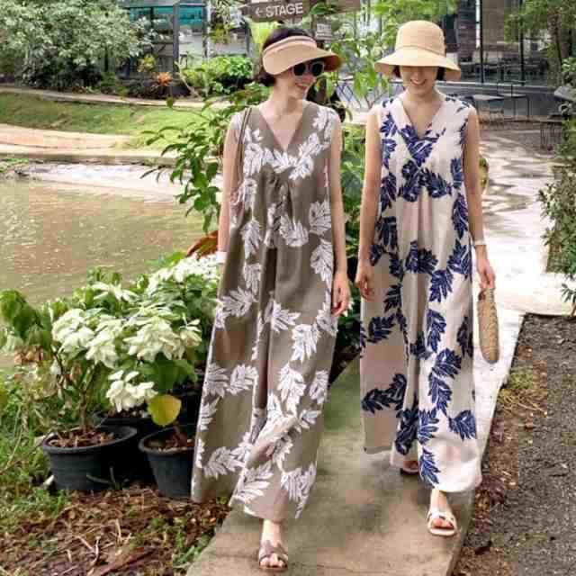 サマードレス 多用途ドレス ムームー ルーズ ノースリーブ ハワイアン柄 花柄ドレス ロング丈 スイング..