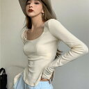 レトロ不規則長袖TシャツフェミニンUネックスリムインナーにピュアカラートップス(4)