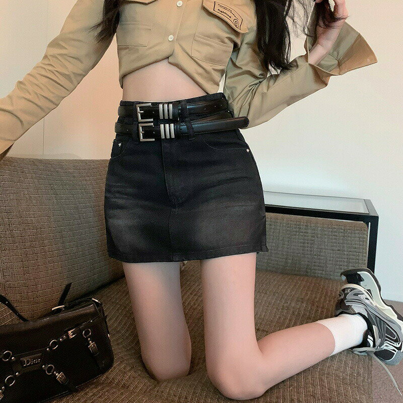 レトロなデニム半身スカートレディースベルトハーフスカートハイウエストスリムスカートヒップスカート