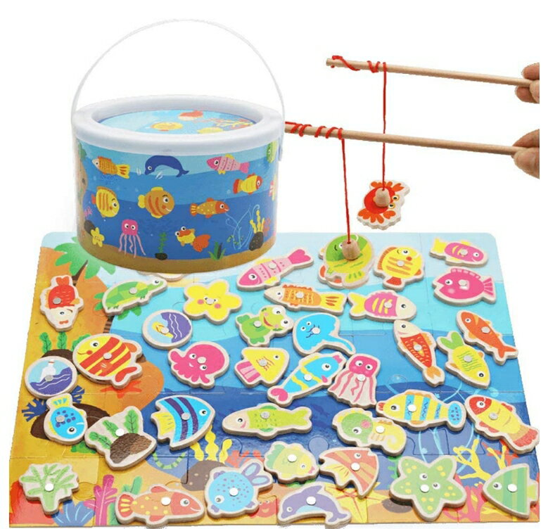 マグネット式釣りゲーム 木製パズル 知育玩具 親子ゲーム 子供 おもちゃ 楽しい おもしろい 魚釣り バケツ 安全無毒 水なし 釣り竿