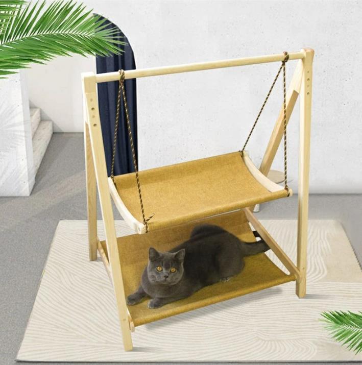 猫ハンモック 猫ベッド 猫ブランコ 2層 自立式 木の猫ベッド ペットハウス 猫 木製 ケージ 猫 ストレス解消 夏 通気性 取り外し洗い 安定な構造 小型犬 猫 ベッド