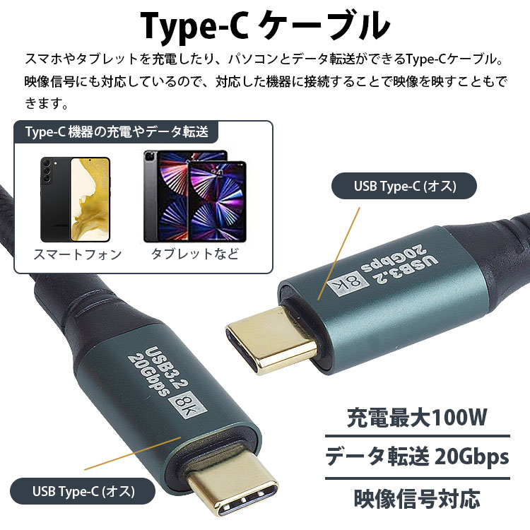 Type-C �����֥� 0.5m USB3.2 20Gbps PD �б� 100W ��®���� �ǡ���ž�� ���������б�