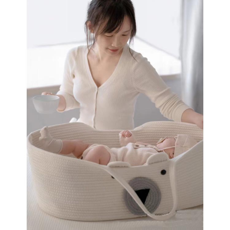 コンパクト 添い寝 折りたたみ かご ベビーベッド ベビーバスケット ロープ編み コーン手編み ベビーキャリー 赤ちゃん 持ち運び 洗濯 外出 おもちゃ かご カゴ かご 籠 移動用 ペットベッド 退院 クーファン