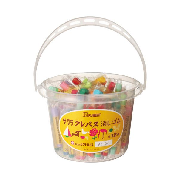 ■商品内容パステルカラーのクレパス消しゴム。●きれいなカラーで12色そろえました。クレパス消しゴムが96本入っています(12色・各色8本)●バケツの色は随時変わります。■商品スペック材質：本体:塩ビ重量：10gその他仕様：●消しゴム寸法:全長69×直径11mm●消しゴム重量(1本あたり):10g●パック寸法:224×210×130mm●パック重量:1150g■送料・配送についての注意事項●本商品の出荷目安は【5 - 11営業日　※土日・祝除く】となります。●お取り寄せ商品のため、稀にご注文入れ違い等により欠品・遅延となる場合がございます。●本商品は仕入元より配送となるため、沖縄・離島への配送はできません。
