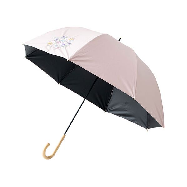 ■サイズ・色違い・関連商品■50cm ネイビー■50cm オフホワイト■50cm ピンク■55cm ネイビー■55cm オフホワイト■55cm ピンク[当ページ]■商品内容正面1駒、色とりどりのお花がブーケのように刺繍されている華やかなデザインです。お花の輪郭をキラキラの銀糸で刺繍しているのがポイントの黒コーティング晴雨兼用傘です。ネームボタンはお花の型押しボタンになっていて、持ちやすい太さの木製ハンドルにはお花の焼き印付き。生地裏面に黒のポリウレタンコーティング加工を施しており、遮光&紫外線遮蔽率&遮熱効果に優れた(※)機能性パラソル。遮光率&紫外線遮蔽率は99.99%以上!鳥かごのようなコロンとした丸みのあるフォルムの「バードケージタイプ」で、55cmと大きめサイズは夏の強い陽射しもカバーしてくれます。はっ水・防水加工も施されているので、とっさの雨でもお使いいただけます。強度と柔軟性に優れたガラス繊維強化プラスチック「グラスファイバー骨」を親骨と受骨に使用しているので、軽くて丈夫な晴雨兼用傘です。傘を閉じる際に爪や指を挟まないよう、セーフティーカバー(安全ろくろ)付き。■商品スペック・生地 : ポリエステル100%/裏面黒PUコーティング加工・遮光率99.99%以上/UVカット率99.99%以上/UPF50+・刺繍(上糸) : レーヨン100%・刺繍(下糸) : ポリエステル100%・手元 : 合板(お花モチーフの焼き印付き)・親骨&受骨 : グラスファイバー・中棒 : スチール・親骨の長さ : 55cm・骨の本数 : 8本・全長 : 約74cm・最大直径 : 約86.5cm・重量 : 約300g・保証期間 : 初期不良対応・生産国 : 中国【使用時のご注意】※ご使用の際は、生地をほぐしてからゆっくりと開閉してください。無理に開くと骨が折れたり傘全体に負担がかかり故障の原因になります。※製品には尖った部分があります。常に周囲の安全を確認してご使用ください。※ステッキがわりに使用しないでください。※手元、または骨の先端がこわれたまま使用しないでください。※振り回したり投げたりしないでください。強風時は破損する恐れがありますので使用しないでください。※傘は必ず手に持ってご使用ください。※生地には防水加工を施していますが刺繍部分やその他特殊加工の部分から雨が漏れる可能性があります。※天然素材や濃い色の生地を使用している場合色落ちや色移りすることがありますのでご注意ください。※使用時は水分をよく切って陰干しをしてから保管してください。※お子様には保護者の方からご注意ください。※画面上と実物では、多少色味が異なって見える場合もございます。ご了承下さい。■送料・配送についての注意事項●本商品の出荷目安は【4 - 7営業日　※土日・祝除く】となります。●お取り寄せ商品のため、稀にご注文入れ違い等により欠品・遅延となる場合がございます。●本商品は仕入元より配送となるため、沖縄・離島への配送はできません。