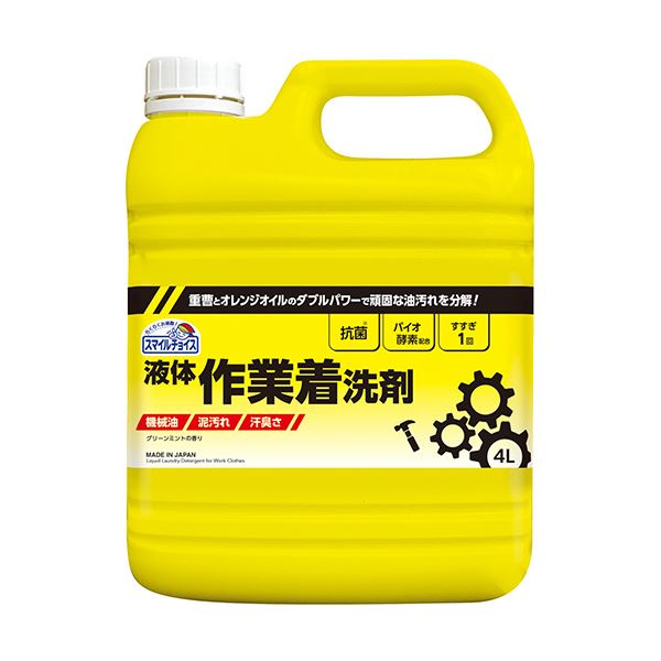 ■商品内容すすぎ1回！重曹とオレンジオイルのダブルパワーで頑固な油汚れを分解！●機械油や泥汚れなど、ガンコな汚れをスッキリ洗浄。●オレンジオイル配合。●グリーンミントの香り。■商品スペックタイプ：詰替洗剤の種類：液体用途：綿、麻、合成繊維用香り：グリーンミントの香り内容量：4L標準使用量：水30Lに対して20g液性：弱アルカリ性成分：界面活性剤(25%、ポリオキシエチレンアルキルエーテル、ポリオキシアルキレンアルキルアミン、脂肪酸アルカノールアミド)、安定化剤、酵素備考：※水洗いできないもの、中性洗剤使用の表示がある衣類には使用できません。【商品のリニューアルについて】メーカー都合により、予告なくパッケージデザインおよび仕様（香り等）が変わる場合がございます。予めご了承ください。■送料・配送についての注意事項●本商品の出荷目安は【3 - 10営業日　※土日・祝除く】となります。●お取り寄せ商品のため、稀にご注文入れ違い等により欠品・遅延となる場合がございます。●本商品は仕入元より配送となるため、沖縄・離島への配送はできません。