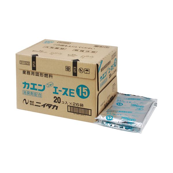 ■サイズ・色違い・関連商品■15g 1パック（20個）×5セット■15g 520個：20個×26パック[当ページ]■20g 1パック（20個）×5セット■20g 400個：20個×20パック■25g 1パック（20個）×5セット■25g 320個：20個×16パック■30g 1パック（20個）×5セット■30g 280個：20個×14パック■商品内容●15g、20個×26パックのセットです。■商品スペック重量：15g材質：メタノール、ステアリン酸ナトリウム、アルミ箔その他仕様：●燃焼時間(目安):約17分●サイズ:約Φ38×H17mm備考：※サイズは1個あたり■送料・配送についての注意事項●本商品の出荷目安は【1 - 5営業日　※土日・祝除く】となります。●お取り寄せ商品のため、稀にご注文入れ違い等により欠品・遅延となる場合がございます。●本商品は仕入元より配送となるため、沖縄・離島への配送はできません。[ 311523 ]