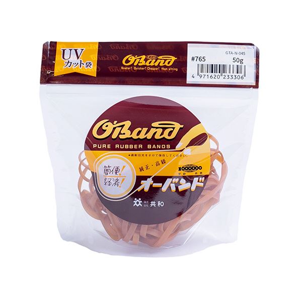 ■商品内容【ご注意事項】この商品は下記内容×5セットでお届けします。結束、包装、縫製などに広範囲に利用でき、作業性、経済性に優れています。●番手#765のゴムバンド、気軽に使用しやすい少量包装・50g。●少量なので、家庭用やオフィス事務用品、サイズお試し用(試作用)などに。●良質の天然ゴムを使用し、菓子のアメに似た色をしているところから、「アメバンド」もしくは「アメ配合」と呼ばれています。■商品スペックサイズ：#765色：アメ内容量：50g切り幅：4.5mm内径：191mm折径：300mm厚さ：1.1mm材質：天然ゴムその他仕様：●参考平均本数:約17本●推奨結束径:1250〜1330mm(1重巻きを想定した参考値)シリーズ名：オーバンド■送料・配送についての注意事項●本商品の出荷目安は【5 - 11営業日　※土日・祝除く】となります。●お取り寄せ商品のため、稀にご注文入れ違い等により欠品・遅延となる場合がございます。●本商品は仕入元より配送となるため、沖縄・離島への配送はできません。