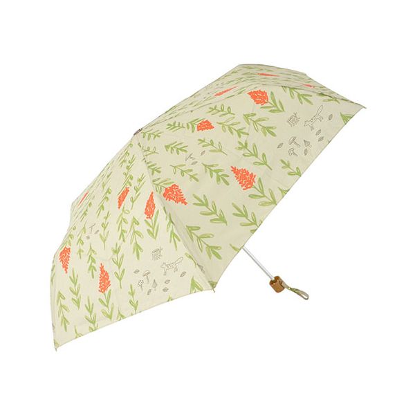 ■サイズ・色違い・関連商品■ベージュ[当ページ]■レッド■商品内容「ケイトウ」の花をモチーフにして、秋の森を描きました。ところどころにキツネさんとキノコがいてるんですよ♪落ち着いたベージュとレッドの色合いがシックな印象の雨傘です。共袋のネームバンドはレッドとネイビーの生地でアクセントにしています。シリーズ共通の金糸の花モチーフ刺繍&花モチーフのボタン付き。贈り物にぴったりなメッセージタグも付いています。強度と柔軟性に優れたガラス繊維強化プラスチック「グラスファイバー骨」を使用。強風で「おちょこ」になっても簡単に元に戻り、折れにくい風に強い設計。親骨をポキポキ折らずとも簡単に開閉ができる折りたたみ傘です。 傘を閉じる際に爪や指を挟まないよう、ボタン式の安全ろくろ付き。55cmと少し大きめサイズなので、突然の雨でも安心です■商品スペック・生地 : ポリエステル100%・手元 : 木・親骨&受骨 : アルミ&グラスファイバー・中棒 : スチール&アルミ・親骨の長さ : 55cm・骨の本数 : 6本・全長 : 約55.5cm・直径 : 約95cm・重量 : 約200g・収納時長さ : 24.5cm・保証期間 : 初期不良対応・生産国 : 中国【使用時のご注意】※ご使用の際は、生地をほぐしてからゆっくりと開閉してください。無理に開くと骨が折れたり傘全体に負担がかかり故障の原因になります。※製品には尖った部分があります。常に周囲の安全を確認してご使用ください。※ステッキがわりに使用しないでください。※手元、または骨の先端がこわれたまま使用しないでください。※振り回したり投げたりしないでください。強風時は破損する恐れがありますので使用しないでください。※傘は必ず手に持ってご使用ください。※生地には防水加工を施していますが刺繍部分やその他特殊加工の部分から雨が漏れる可能性があります。※天然素材や濃い色の生地を使用している場合色落ちや色移りすることがありますのでご注意ください。※使用時は水分をよく切って陰干しをしてから保管してください。※お子様には保護者の方からご注意ください。※画面上と実物では、多少色味が異なって見える場合もございます。ご了承下さい。■送料・配送についての注意事項●本商品の出荷目安は【4 - 7営業日　※土日・祝除く】となります。●お取り寄せ商品のため、稀にご注文入れ違い等により欠品・遅延となる場合がございます。●本商品は仕入元より配送となるため、沖縄・離島への配送はできません。