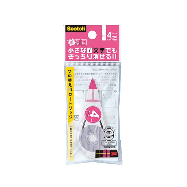 ■サイズ・色違い・関連商品■5mm■6mm■4mm[当ページ]■商品内容テープの切れがよく、文字間の小さな1文字を的確に消す事が出来ます。本体ケースはワンプッシュで開き、詰め替えの交換が簡単にできます。つきがよく、ムラや浮きにになりにくいテープです。特殊形状の転写ヘッドでどんな角度でも軽い力で転写が可能です。テープが逆戻りしない逆転防止機構を採用しています。ドライタイプだから、修正後すぐに書き込みできます。テープ残量が一目で分かる透明ボディです。本体はどの幅のカートリッジにも使用できます。交換式。■商品スペック生産国…マレーシア 1個当たりのパッケージサイズ…55×130×14mm 1個当たりのパッケージ重量…11g■送料・配送についての注意事項●本商品の出荷目安は【4 - 6営業日　※土日・祝除く】となります。●お取り寄せ商品のため、稀にご注文入れ違い等により欠品・遅延となる場合がございます。●本商品は仕入元より配送となるため、沖縄・離島への配送はできません。[ 3M-SCPR-4NNX30 ]