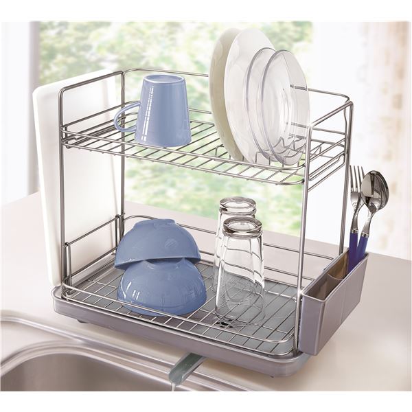 水切りかご 水切りラック 約幅382mm 2段 スリム シルバー 縦横兼用 水が流れるトレー付き シンク 流し..