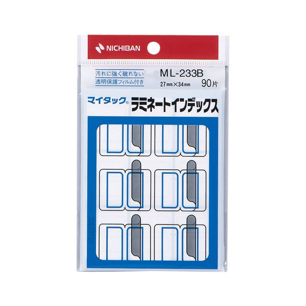 ■サイズ・色違い・関連商品関連商品の検索結果一覧はこちら■商品内容【ご注意事項】・この商品は下記内容×30セットでお届けします。ラミネートインデックス●汚れにくく破れない、透明保護フィルム付■商品スペックタイプ：紙ラベル、透明保護フィルム付サイズ：大色：青ラベルサイズ：タテ27×ヨコ34mm透明保護フィルムのサイズ：タテ27×ヨコ34mmラベルの厚さ：0.15mmフィルムの厚さ：0.02mm材質：上質紙重量：32gその他仕様：●合計片数:90片備考：※重量:パッケージ含む【キャンセル・返品について】商品注文後のキャンセル、返品はお断りさせて頂いております。予めご了承下さい。■送料・配送についての注意事項●本商品の出荷目安は【3 - 10営業日　※土日・祝除く】となります。●お取り寄せ商品のため、稀にご注文入れ違い等により欠品・遅延となる場合がございます。●本商品は仕入元より配送となるため、沖縄・離島への配送はできません。[ ML-233B ]