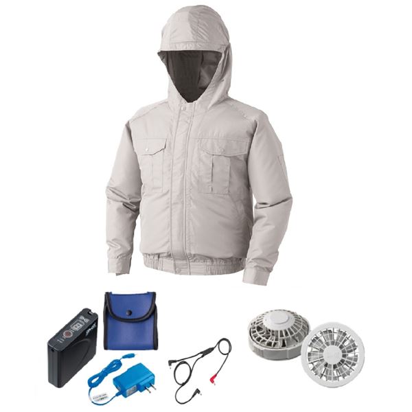 ■サイズ・色違い・関連商品■M シルバー■M ダークブルー■L シルバー■L ダークブルー■LL シルバー[当ページ]■LL ダークブルー■3L シルバー■3L ダークブルー■4L シルバー■4L ダークブルー■5L シルバー■5L ダークブルー■商品内容フード付き ポリエステル製 長袖ワークブルゾン空気漏れの少ない空調服素材として最も適した生地を使用した空調服です。優れた撥水性と透湿性を備えたソフトな風合いの、東レのエアコンテック素材を採用しています。屋外でもご使用いただけフードをかぶることにより、作業ヘルメットの中にも空気が流れます。【洗濯について】お洗濯の際は、ファンやケーブルなどの電気部品を取り除き、服だけをお洗濯してください。■商品スペック【セット内容】ウエア・ファン2個・ケーブル・バッテリーセット【空調服 ポリエステル製フード付】素材：ポリエステル100%【バッテリーセット】【商品名】リチウムイオンバッテリーセットACアダプター ベルトクリップ 専用バッテリーケース【サイズ(約)】25×85×89mm【重量(約)】274g【付属品】ACアダプター ベルトクリップ 専用バッテリーケース【生産国】中国【特記事項】出力：4段階（7.2V・6V・5V・3V）定格容量：6500mAh充電時間 8時間以内充電温度 0℃ 〜 40℃放電温度 0℃ 〜 50℃保温温度 -20℃ 〜 50℃連続使用時間 風量（FAN2200/2個）：・7.2V設定時 約8時間 48.8リットル/秒・6V設定時 約12時間 42.2リットル/秒・5V設定時 約18時間 36.8リットル/秒・3.3V設定時 約24時間以上 25.8リットル/秒【注意事項】・商品注文後のキャンセル、サイズ違い、イメージ違い、その他お客様のご都合による返品・交換は承りかねます。・ケーブルは服のサイズに関わらず標準ケーブルがセットとなります。・掲載商品は、株式会社セフト研究所・株式会社空調服の特許及び技術を使用しています。「空調服」は株式会社セフト研究所・株式会社空調服のファン付きウェア、その他付属品、及びこれらを示すブランドです。「空調服」「DC空調服」ロゴは株式会社セフト研究所・株式会社空調服の登録標章です。【PSEマーク種類】丸型PSEマーク【届出事業者名】株式会社セフト研究所■送料・配送についての注意事項●本商品の出荷目安は【5 - 11営業日　※土日・祝除く】となります。●お取り寄せ商品のため、稀にご注文入れ違い等により欠品・遅延となる場合がございます。●本商品は仕入元より配送となるため、沖縄・離島への配送はできません。