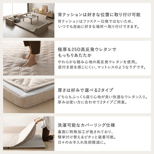 極厚 ラグ 背クッション セット 約185×275cm+U字+I字クッション 厚み50mmタイプ ベージュ 高反発ウレタン 滑り止め加工付き カバーリング仕様 簡単付け替え 洗えるカバー付き オールシーズン快適 クッション付き ラグマット 絨毯 フロアマット ラグカーペット [2]
