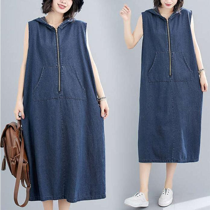ワンピース デニムワンピース レディース ロングワンピース 夏 おしゃれ ノースリーブ フード付き ゆったり 爽やか 着痩せ 可愛い 体型カバー 30代40代