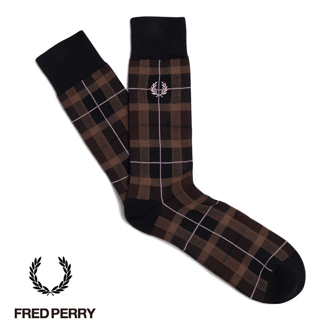 フレッドペリー 靴下 ブランドマーク入り チェック柄 ソックス FRED PERRY C6154-T09 メンズ レディース ユニセックス タータンチェック ブラウン Tartan Socks