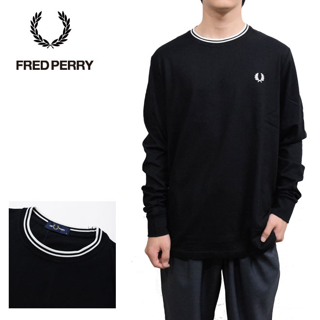 フレッドペリーツイン ティップド ロングスリーブ Tシャツ FRED PERRY M9602 BLACK 102 メンズ レディース ユニセックス Twin Tipped Long Sleeve T-Shirt スポーツスタイル 刺繍 シンプル 黒 ブラック レギュラーフィット 長袖