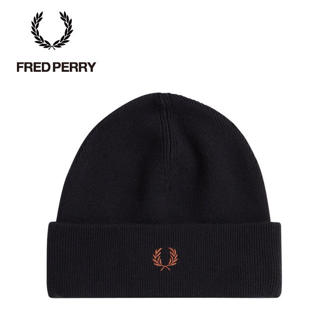 フレッドペリー ニット帽 メリノウール ビーニー ワッチ 刺繍 FRED PERRY C8161 Classic Beanie BLACK×W-BROWN X56 黒 ブラック ワンポイント シンプル 帽子 メンズ レディース ユニセックス 黒