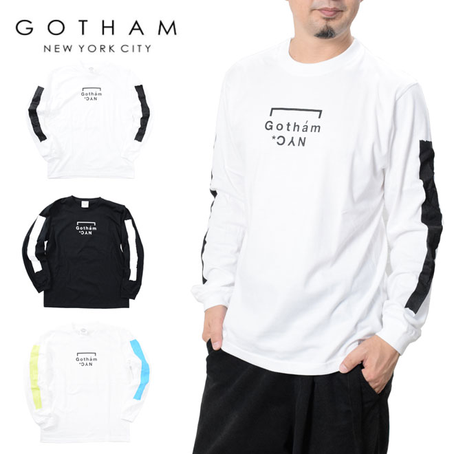 ゴッサム エヌワイシー 袖ライン入りロゴプリント Tシャツ 長袖 GOTHAM NYC メンズ GN701 ホワイト ブラック ストリート セレカジ ロンT ロングスリーブ