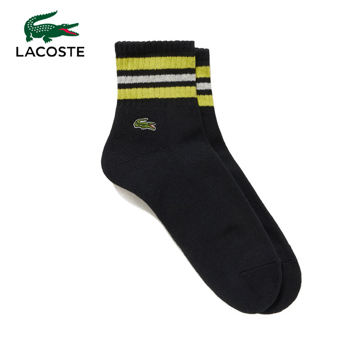 ラコステ 靴下 メンズ ラコステ ラインドアメリブショートソックス ボーダー靴下 LACOSTE RA421J-99 ブラック×イエロー031 ミドル丈 ブラック 黒 ワンポイント ワニ スポーツ ゴルフ メンズ レディース