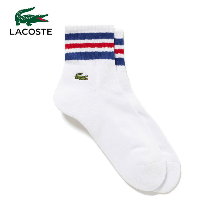 ラコステ 靴下 メンズ ラコステ ラインドアメリブショートソックス ボーダー靴下 LACOSTE RA421J-99 ホワイト×ブルーR96 ミドル丈 ワンポイント ワニ スポーツ ゴルフ メンズ レディース ライン入り