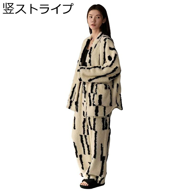 パジャマ フランネル レディース 春秋冬 2点セット ストライプ ホワイト 前開き コ...