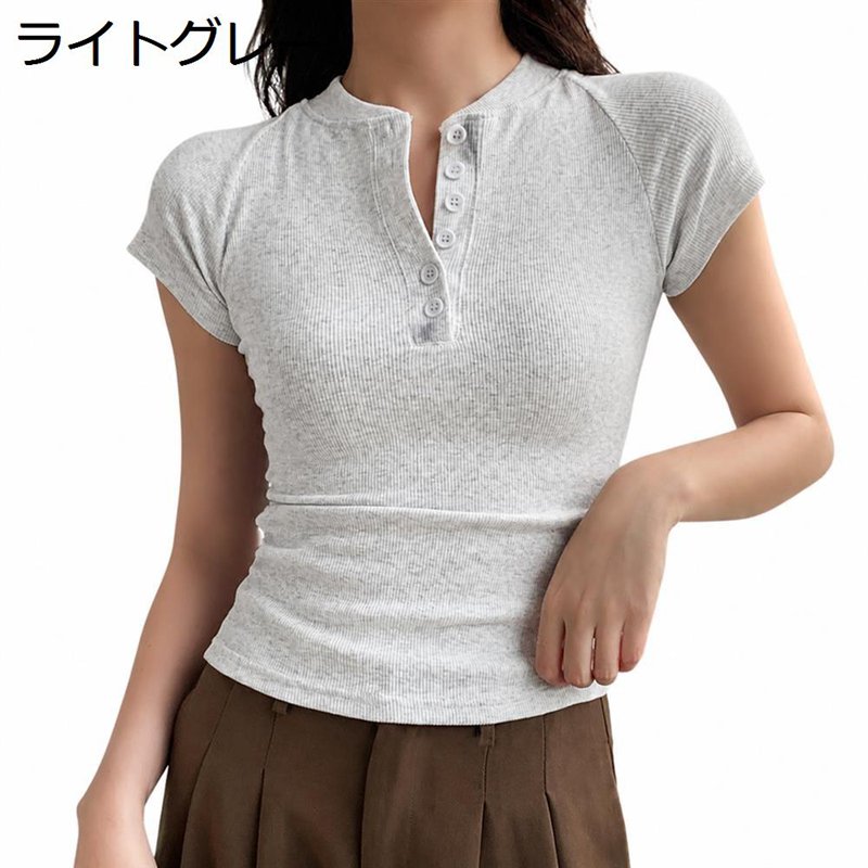 ヘンリーネック Tシャツ レディース 半袖 リブ カットソー Vネック ボタン付き スリム タイト トップス きれいめ オフィス カジュアル 夏 着痩せ 伸縮性 無地 シンプル 大人 事務 通勤 通学 インナー 重ね着