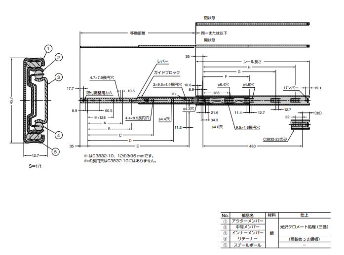スライドレール C3832 レール長さ250/300/350/400/450/500/550/600/650/700 ACCURIDE（アキュライド）スガツネ工業 LAMP ランプ 1セット(2本) 3