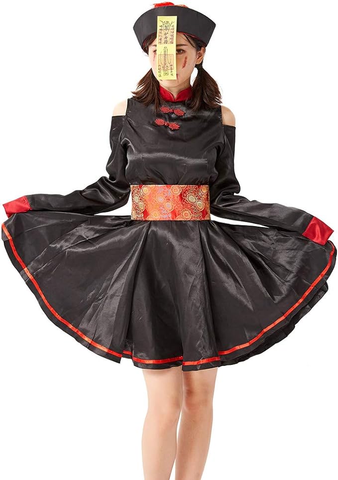 キョンシー コスプレ 仮装 ハロウィン レディース ワンピース 人気 お札 帽子(辮髪付き) タトゥーシール チャイナ風 イベント用 プレゼント(ステッカーなし...