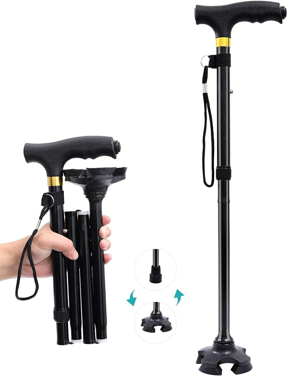 「10％OFFクーポン配布中」折りたたみ杖 軽量で自立する4点杖 LED付きの介護杖 ステッキ 折りたたみ式..