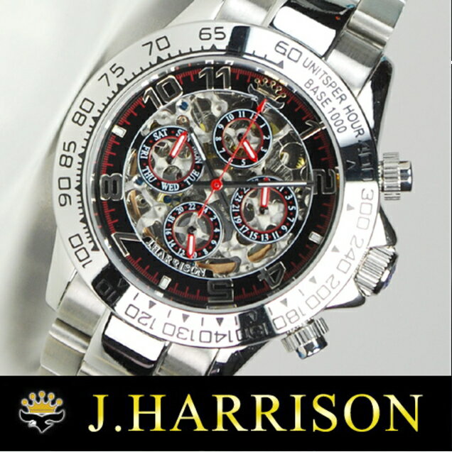 腕時計 自動巻 メンズ ジョンハリソン J.HARRISON メンズ腕時計 フルスケルトン 自動巻き jh003-RB カレンダー 曜日 日付け 24時関計 腕時計 K&Yu 多針 多軸 ビジネス 新品 本命 おしゃれ ブランド ウォッチ ラグジュアリー キラキラ クリスタル 高級 3