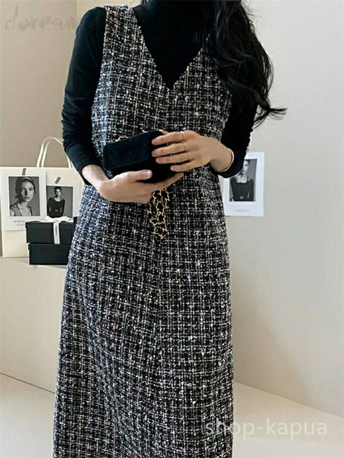 【送料無料】サロペッ ワンピース ツイード 春 ジャンスカ ロング丈 Vネック レディース 秋 春 ノースリーブ ワンピース ジャンパースカート