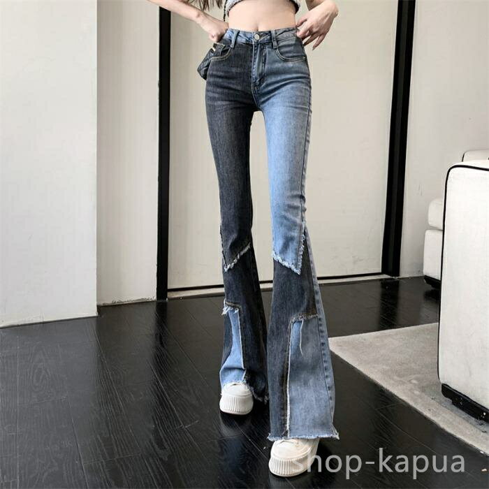 【送料無料】アシンメトリ デニム ズボン パンツ ロング パッチワーク つぎはぎ ダメージ ジーンズ ジーパン フレアジーンズ パッチワーク風(4)