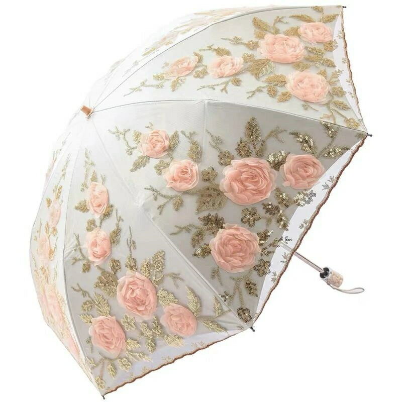 【送料無料】5カラー 晴雨兼用 傘 サニーアンブレラ 立体刺繍 UPF50+ 収納ポーチ付 二重 遮光 日傘 uvカット 折りたたみレース日傘