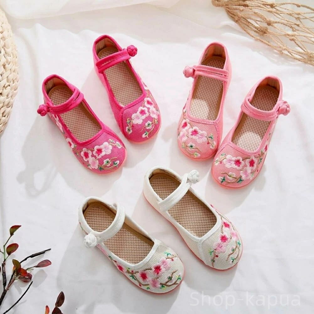 【送料無料】送ダンス靴 写真撮影用 学園際文化際 コスプレ靴 中華風 花刺繍 子供美脚チャイナシューズ..