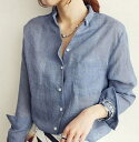 【送料無料】トップス シャツ レディース 綿麻 薄手 ブルー フォーマル ビジネス ブラウス 作業着 制服 事務服 ワイシャツ