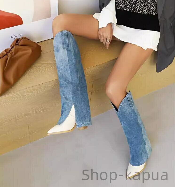 【送料無料】10cm 太ヒール 秋冬 ロング丈 デニム素材 長靴 26.5cm ポインテッドトゥ 小さいサイズ 大きいサイズ ハイヒールブーツ ジョッキーブーツ...