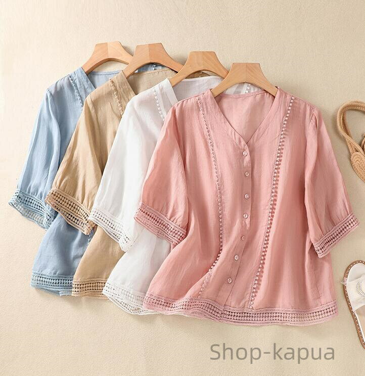 【送料無料】綿麻シャツ リネンブラウス ボタン付き 詰襟 立ち襟 チュニック 体型カバー 大きいサイズ ..